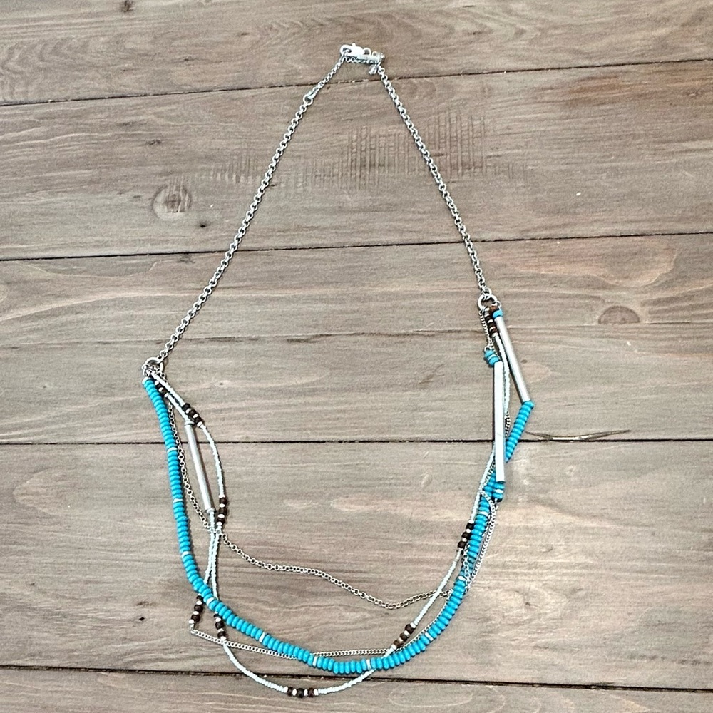 Kenneth Cole, multi chain necklace, silver tone and turquoise beads
